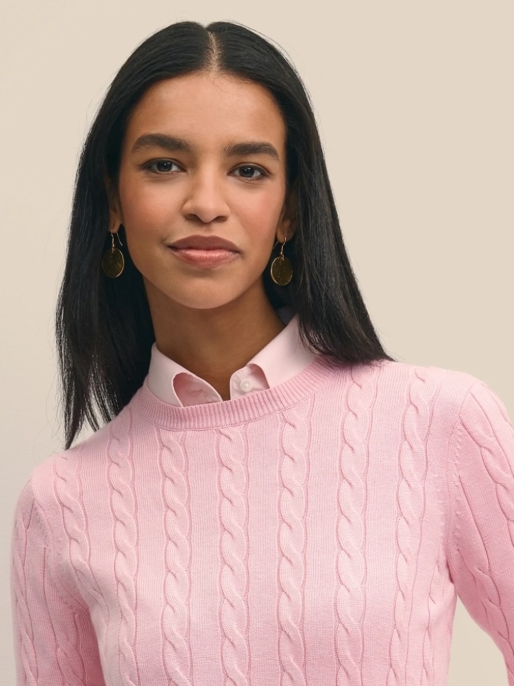 Brooks Brothers Supima® Cotton Cable Crewneck Sweater Pink M